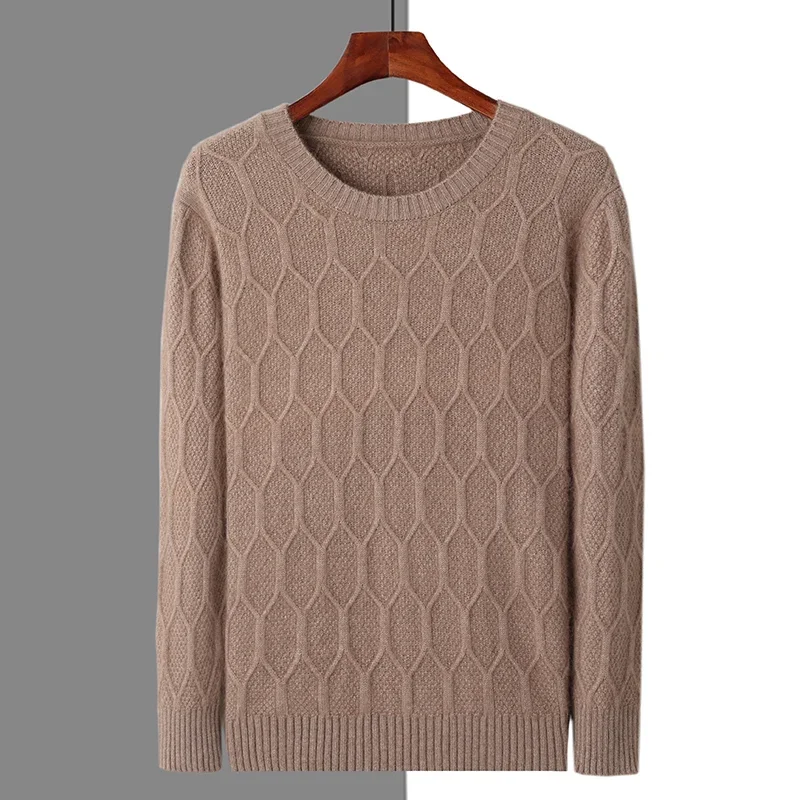 2023 Autumn/Winter New Men's Clothing Diamond Thickened Round Neck 100% Mink Cashmere Sweater Knitted Pullover BR-110