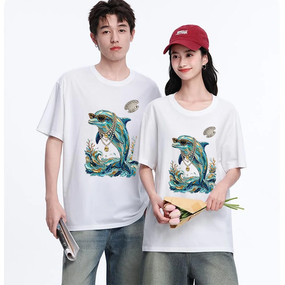 Dolphin With Sunglasses And Pearls Printed T Shirt Breathable Fabric S-XXL Personalized Custom Casual Short Sleeve Tee Aesthetic