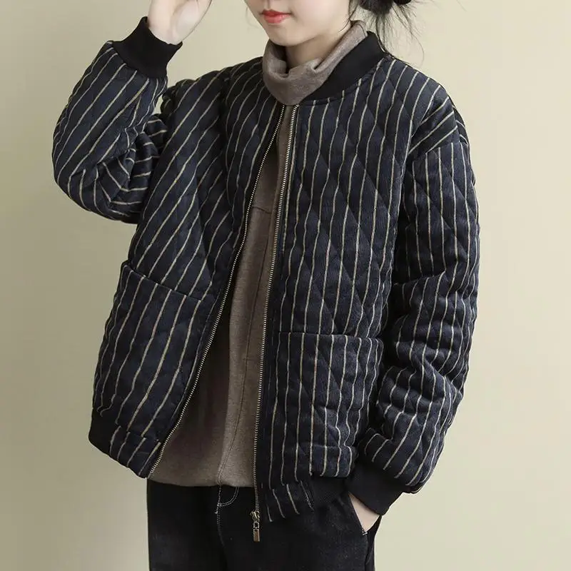 

Extra Large Cotton Jaet Long Sve Women's Striped Casual Loose Winter Outerwear Autumn Top Vintage round Ne Zipper