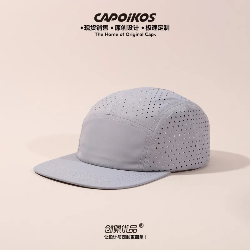 Angepasstes Logo, einfarbig, fünf Panel, schnell trocknende Baseballkappe, atmungsaktive Mesh-Mesh-Camping-Sport-Skateboard-Kappe für Herren und Damen – Detail 4