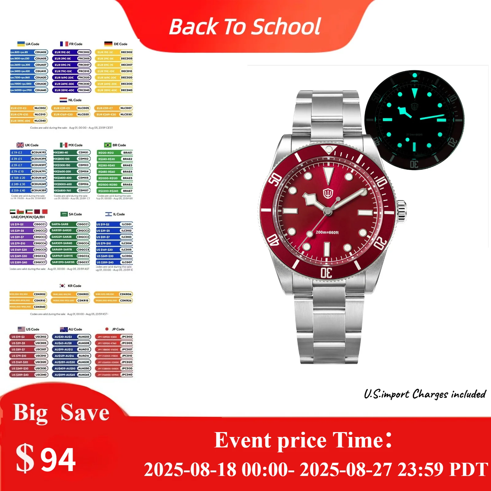 

Watchdives WD7922 BB54 Часы VH31 Sweep Second Механизм Сапфировое Стекло 20 бар Водонепроницаемые C3 Светящиеся 37 мм Винтажные Часы