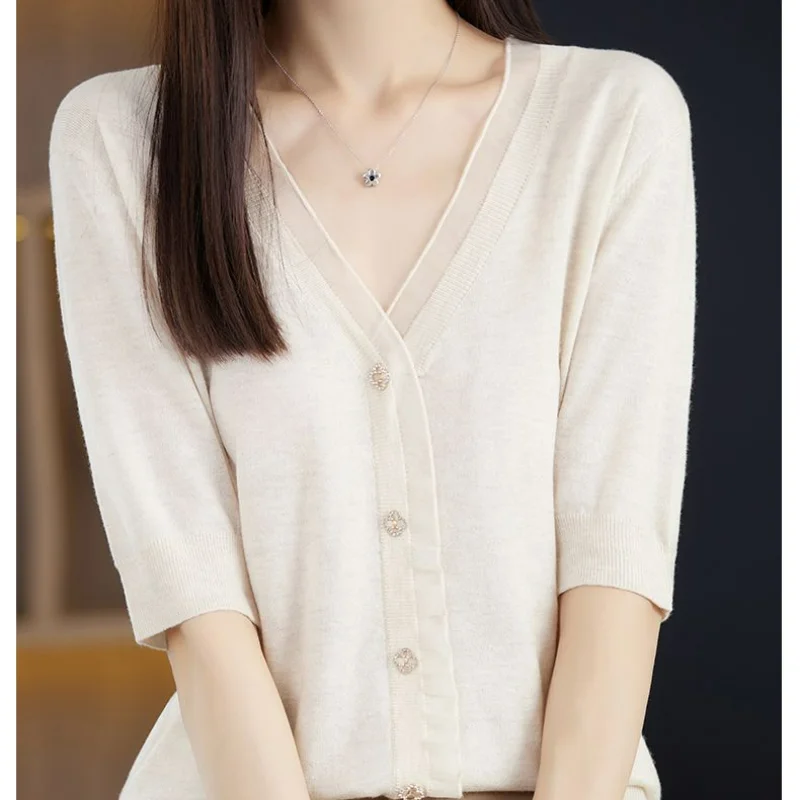 Camiseta de punto con cuello en V para mujer, Top de manga corta, elegante, Simple, informal, suelto, Coreano