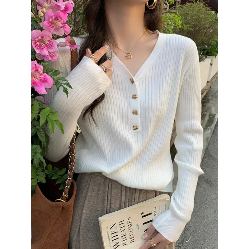 الموضة الكورية الخامس الرقبة بلون طويلة الأكمام المرأة محبوك قاعدة سترة الخريف والشتاء جديد بسيط بلوزة كاجوال القمم