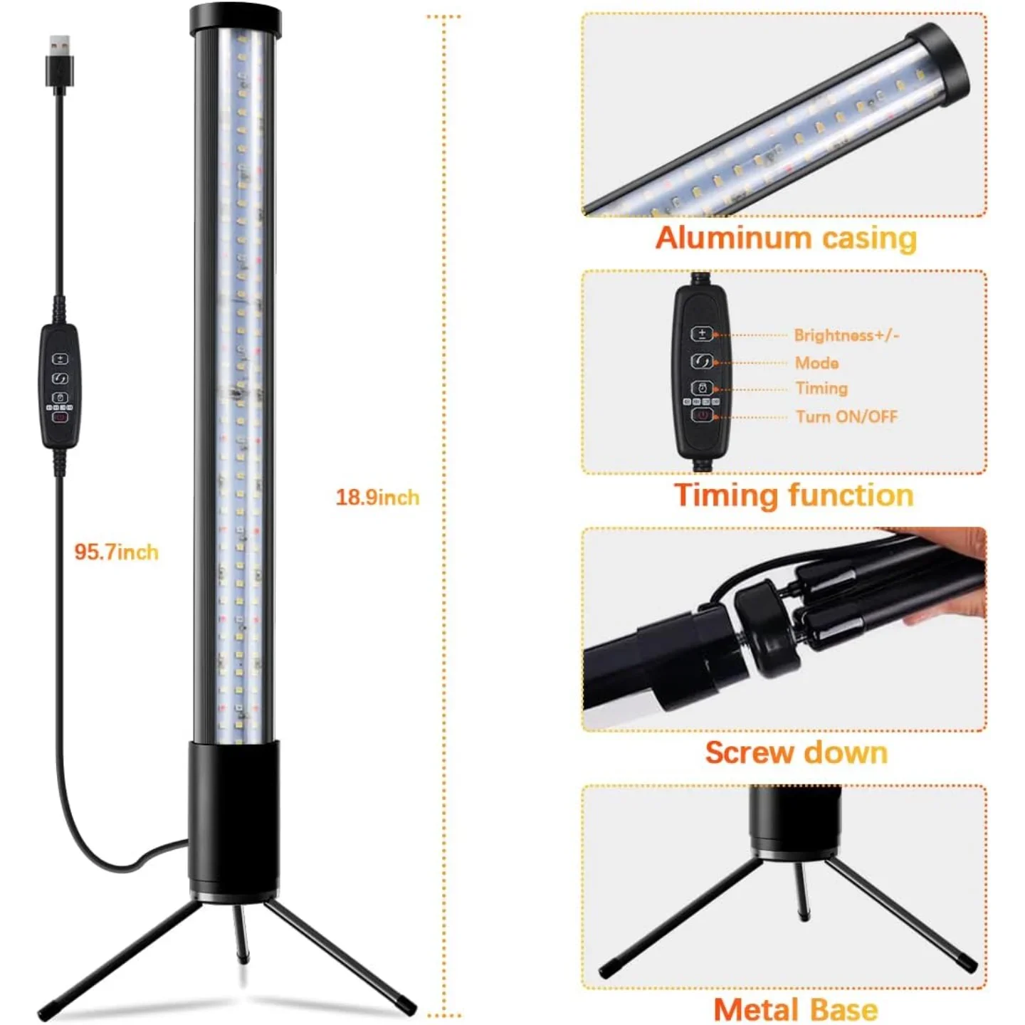 

T10 Вертикальная стоячая светодиодная лампа для выращивания растений с автоматическим включением и выключением времени 4/8/12/18 часов 5-уровневая регулируемая лампа для выращивания комнатных растений