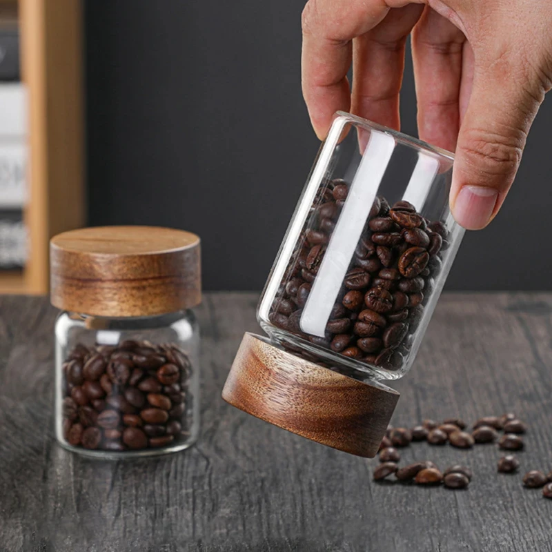 Kitchen Storage Bottles Jar Wood Lid Glass Airtight Canister Sealed Food Container Tea Coffee Beans Grains Candy Jars Organizer