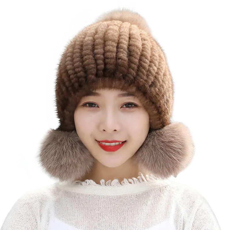 100% Real Mink Fur Hat Women Winter Knitted Beanie Russian Girls Cap With Fox Fur Pom Poms Thick Female Cap Elastic Hats