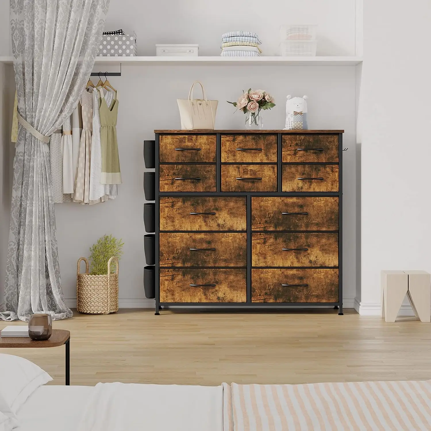 12 Drawer Fabric Dresser with Wood Top, Storage Chest Cabinet with Steel Frame and Side Pockets for Bedroom Home Organization image 8