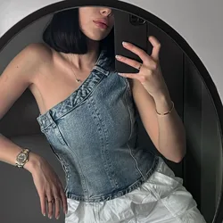 Sexy Jean Women Top Off Shoulder Sleeveless Bustier Tops 2024Summer Lady Elegant Street Wear TankBlue Backless Denim Corset Crop
