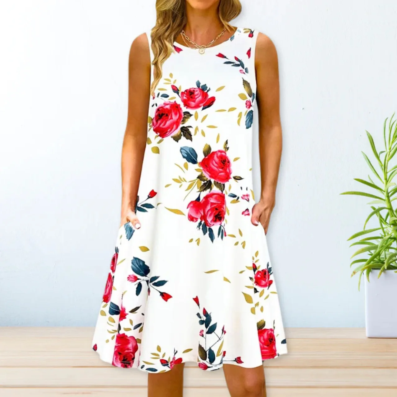 Minivestido holgado sin mangas con bolsillos para mujer, vestido informal Floral con cuello redondo, talla grande, moda de verano, 2024