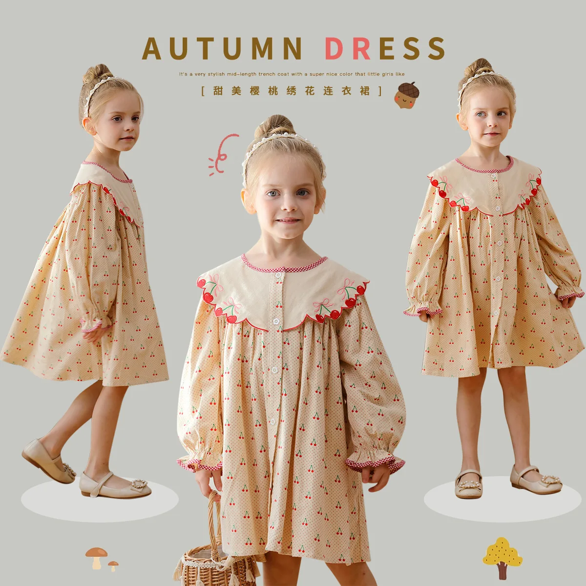 

Flower Collar Dress for Kids Girl Spring casual Cherry Embroidery Sweet Beauty Children's Bubble Sleeve Princess Dresses