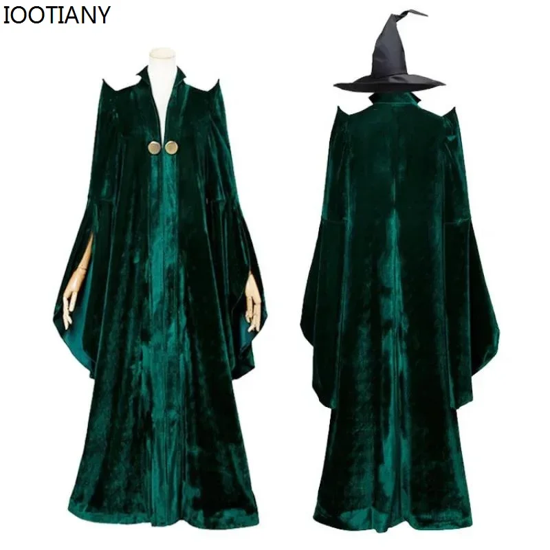 

CosplayMagic Academy Professor Halloween Role Play Dress Green Witch Dress Magician Velvet Cape Carnival Stage Performance Costu