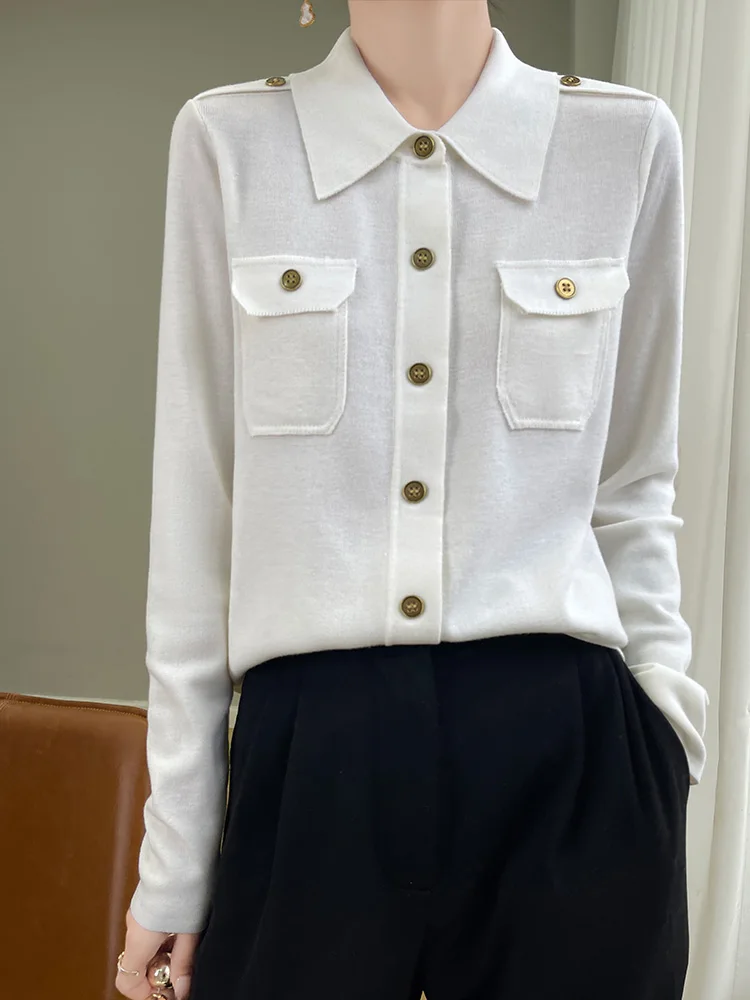 2025 nueva Otoño Invierno lana peinada Spinning camisa de manga larga POLO cuello cárdigan mujer camisa ligera de lujo moda ocio Top
