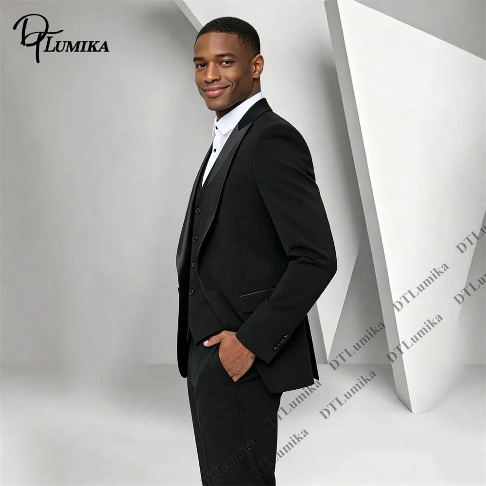 Timeless Three Piece Black Party Suit Tuxedo Jacket Vest Pants Slim Fitting Satin Collar Tailored Fitting Wwedding Party Suit