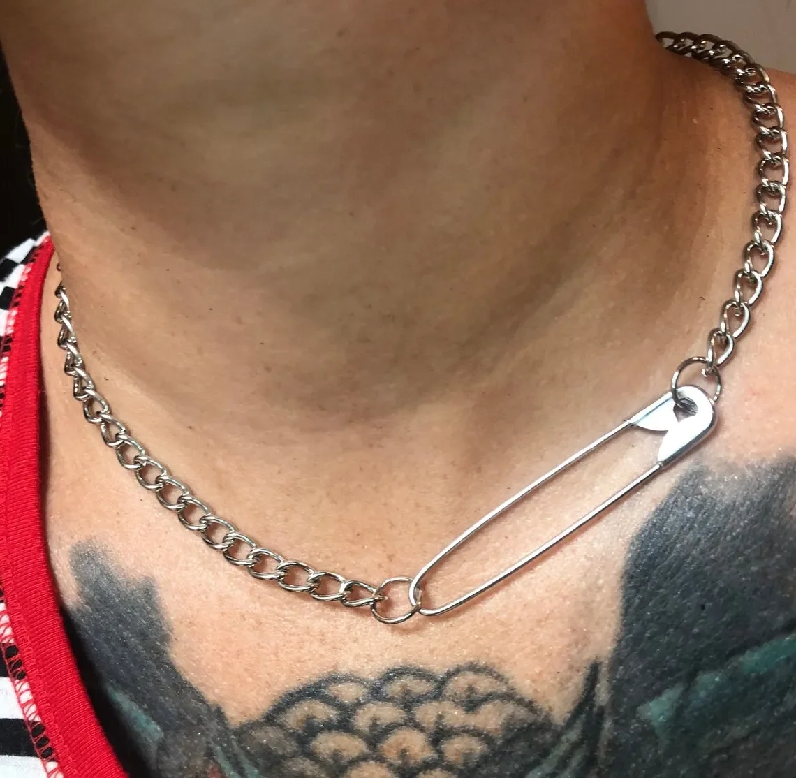 Safety Pin Chain Choker, Punk Goth 90s Alternative Style Jewelry