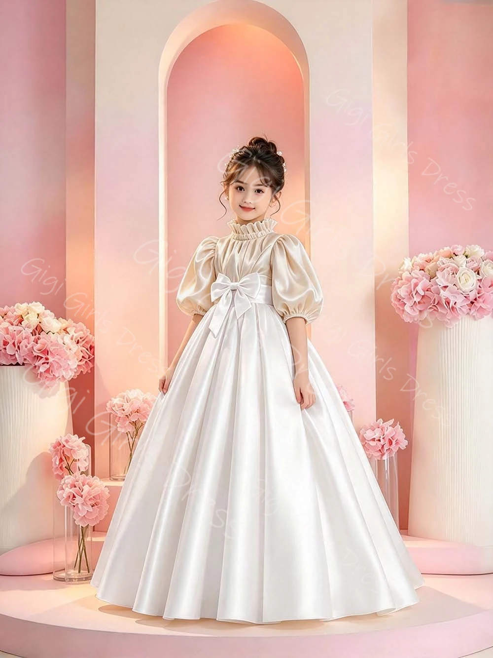 Vestido de fiesta de boda vintage para niñas de las flores, con cuello con volantes, mangas abullonadas, vestido de primera comunión de princesa, vestido a juego para madre e hija, personalizado