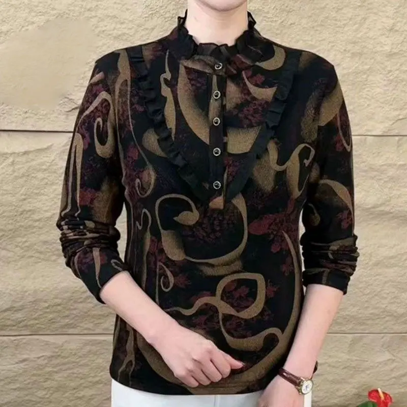 Fashion Stand Collar Folds Spliced Shirt Button Vintage Printed Autumn Winter Fleece Female Clothing Casual Long Sleeve Blouse