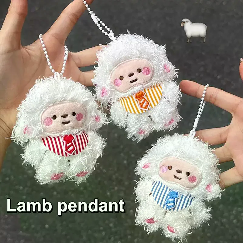 Cute Soft Fluffy Plush Sheep Pendant With Striped Vest Tie Design For Backpack Decor Birthday Gifts For Kids Girls Friends
