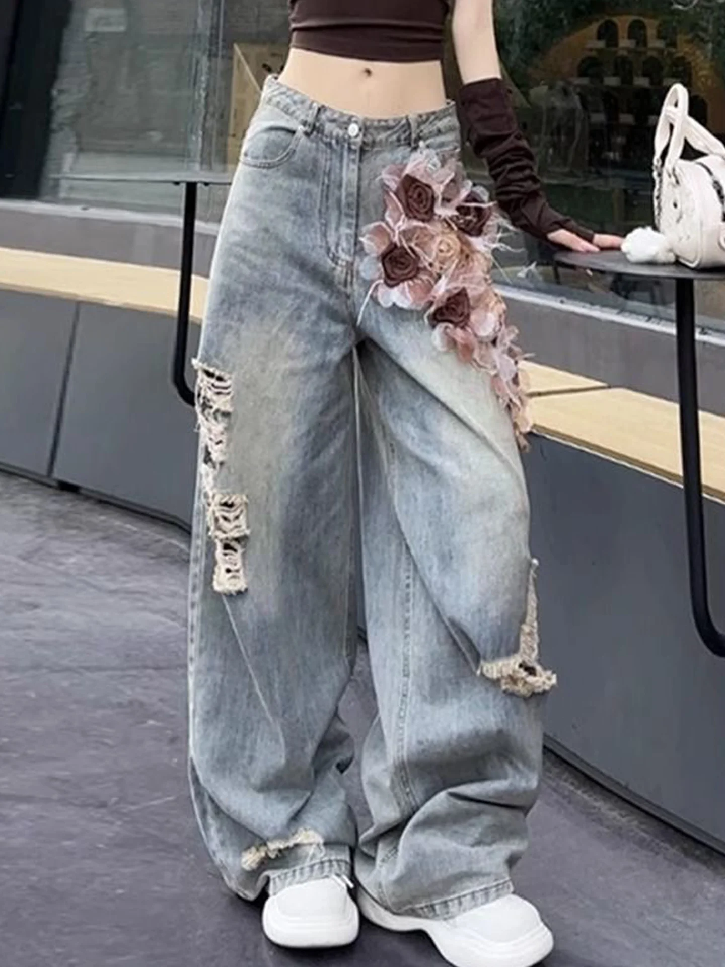 

High Waist Wide Leg Jeans Women's Design Sense Embroidered Rose Hole Denim Pants Spring 2026 Loose Fit Floor Length Trousers