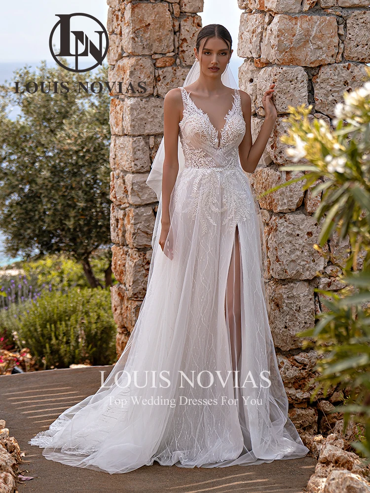 LOUIS NOVIAS BOHO abiti da sposa 2024 abiti da sposa ricamo Illusion scollo a v coscia divisa abito da sposa pizzo abiti De Novia