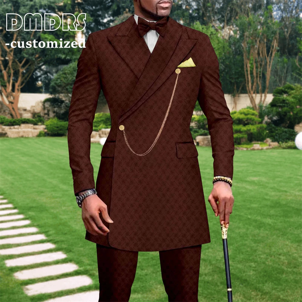 

African Clothes for Men 2-Piece Suit Set Plaid Long Suit Jacket with Trousers Big Mens Tuxedo Set Dinner Jacket Side One Button