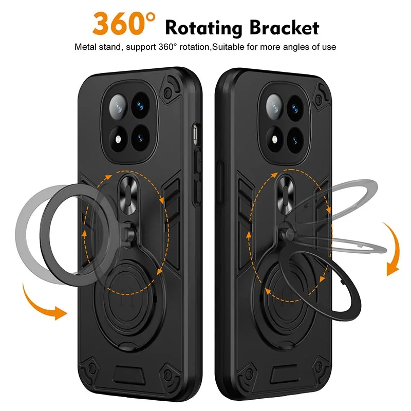 حافظة لهاتف Xiaomi Redmi 14C 13C A3 Note 13 14 Pro Plus 4G Turbo3 5G، لـ MagSafe Ring 360 Rotate Kickstand غطاء مقاوم للصدمات