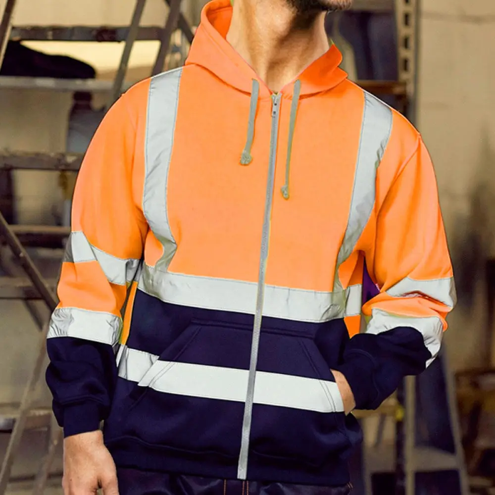 Mens Zipper Hooded Sweatshirt Fleece Thermal Jacket Reflective Strip Safety Workwear Outdoor Construction Uniform Long Sleeve