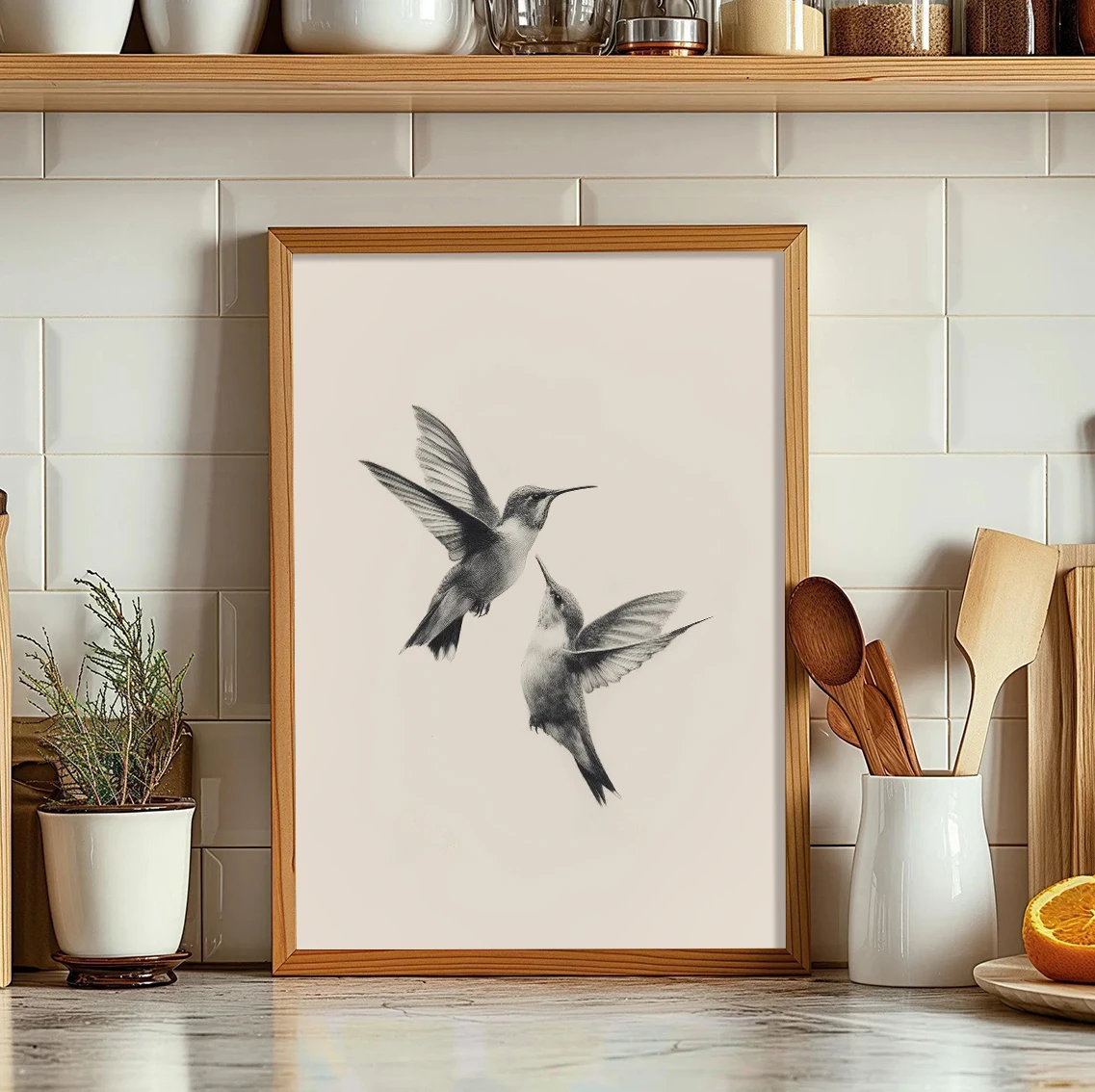 

Vintage hummingbird sketch print,minimalist black and white double bird wall art,home decor,suitable for living room and hallway