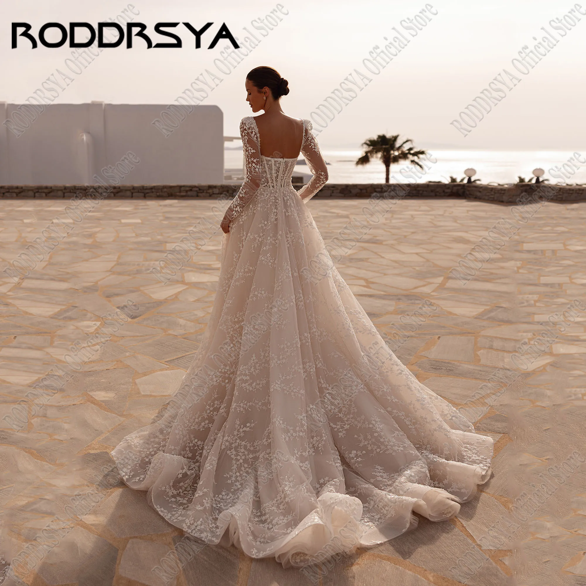 RODDRSYA-Robe de Mariée en Dentelle avec Appliques pour Femme, Robes de Patients en Tulle A-ligne, Dos aux, Manches sulf, Chérie de LuxeRoddrsya dentelle applique robe de mariée luxe Sweetheart manches longues robe de