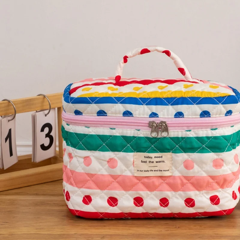 Korean Color Stripe Dot Quilted Pencil Case Portable Large Capacity Cosmetic Bags Stationery Storage Pouch For Girl Gifts