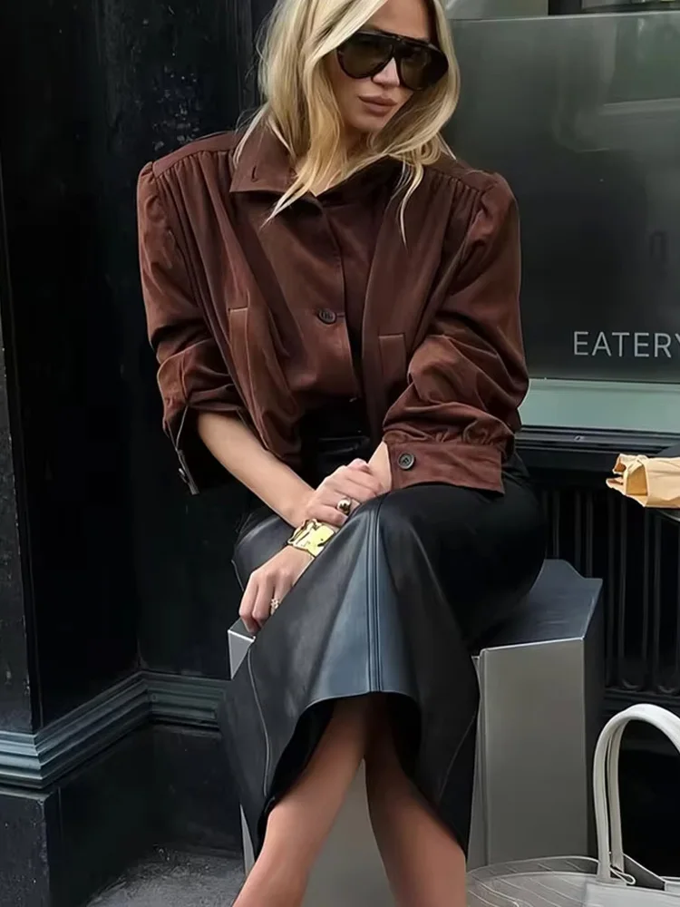 HH Women Autumn Vintage Suede Pleated Design Single-breasted Long Sleeves Jacket Female Turtleneck Pockets Casual Short Coat