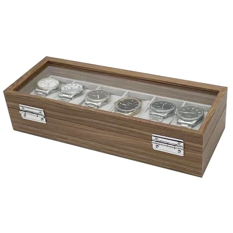 6 Slot Dark Walnut Pattern Wood Watch Box Organizer Case Collection With Gray Velvet Interior Wooden 6 Grid Watch Box
