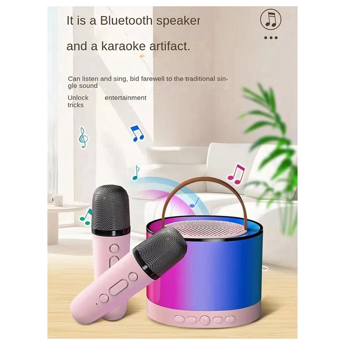 Mini Machine de Karaoké Rose avec 2 Microphones Sans Fil, Haut-Parleur Bluetooth Portable