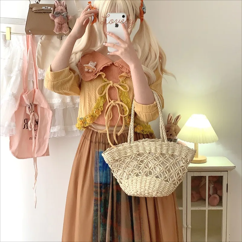 Giapponese Kawaii carino stile Lolita Cardigan corto donna gotico Y2k Ruffles Lace-up fiore cappotto top Casual allentato scialle lavorato a maglia