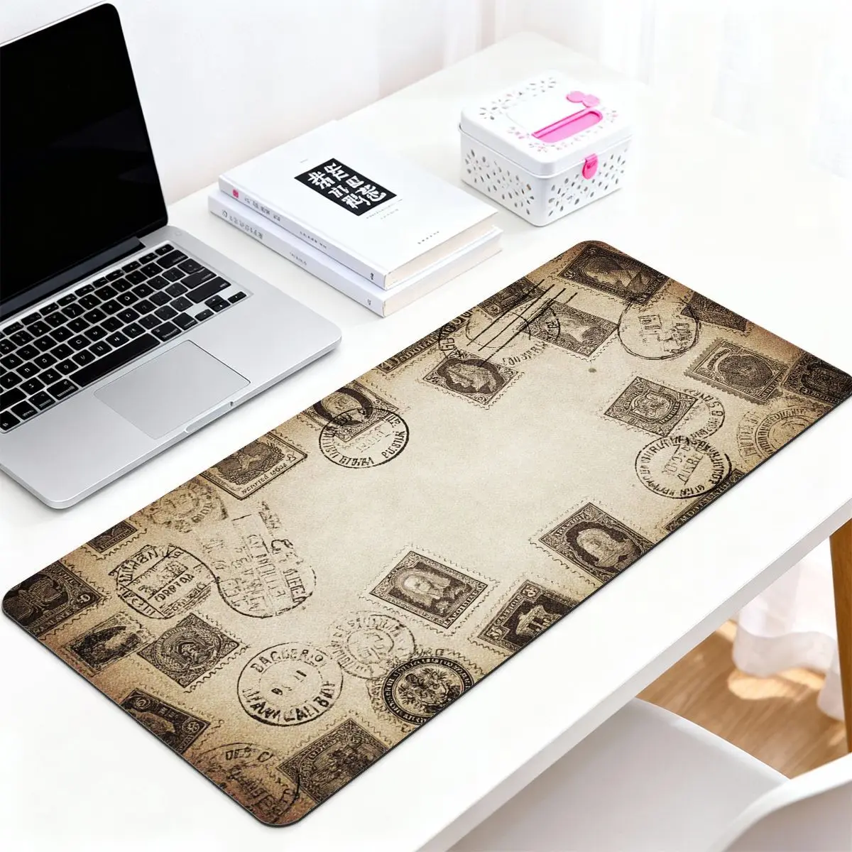 Antique Old Postage Stamp & Postmark Print Rubber Mouse Pad, Vintage Aesthetic Desk Blotter for Work Gaming Study