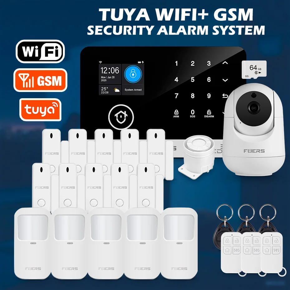 

FUERS G03 WIFI GSM сигнализация Умный дом Охранная сигнализация Противоугонная с дверным датчиком движения Tuya Smart App управление работает Alexa