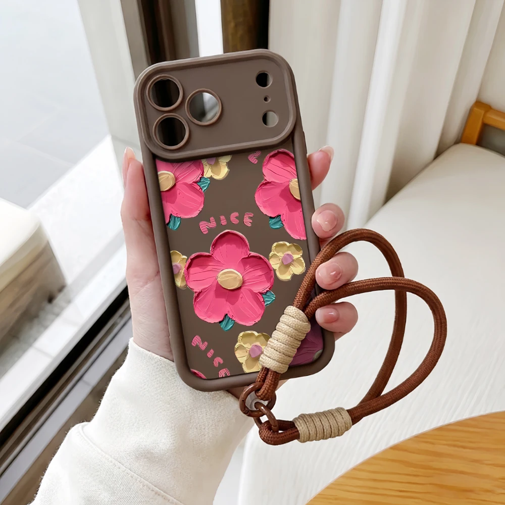 Ölgemälde Blumen Lanyard Handyhülle für iPhone 13 14 15 16 17 Pro Max 16 15 14 Pro Plus 17E Stoßfeste Matte Silikonhülle – Detail 6