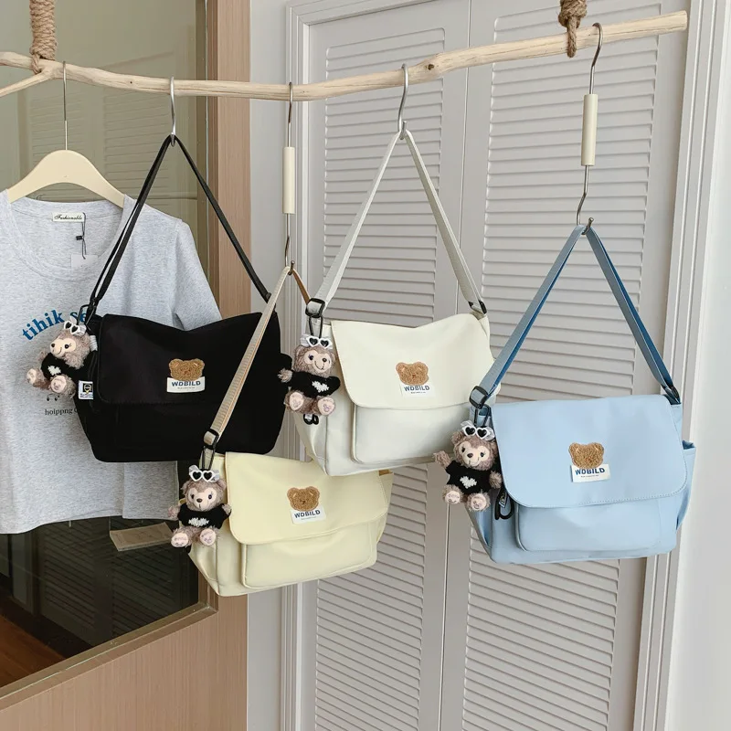 Cute Bear Large Capacity Shoulder Bag Women's Ins Style Korean Version Street Trend Nylon Messenger Bag for School And Daily Use