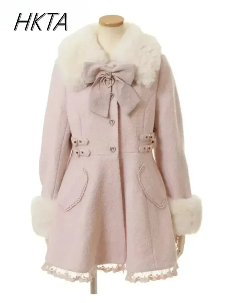 Japanese Sweet Bow Slim Medium Long Woolen Coat Winter New Faux Fur Collar Lolita Girl Women\'s Pink White Wool Coats Overcoat