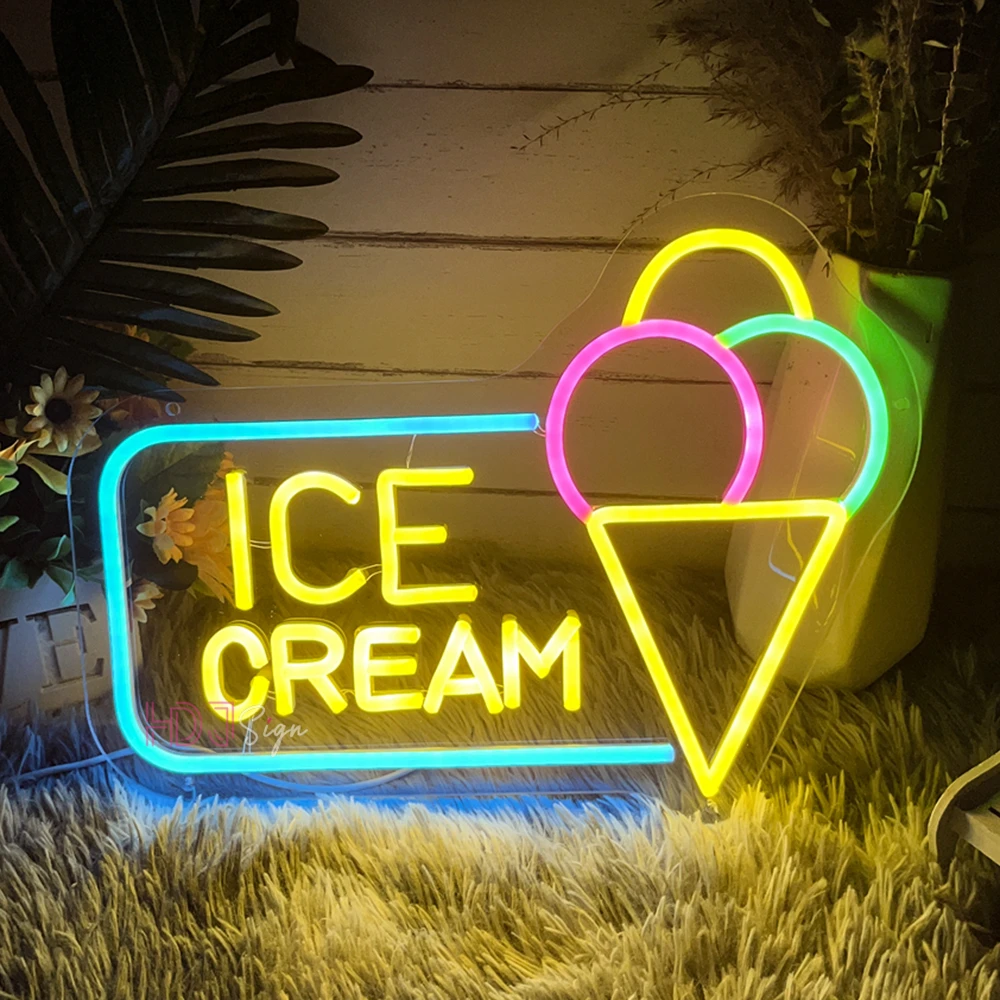 Ice Cream Neon Sign Lights Cafe Restaurant Neon Lights Led Sign Summer Dessert House Decor Wall Hanging Bar Neon Led Signboard