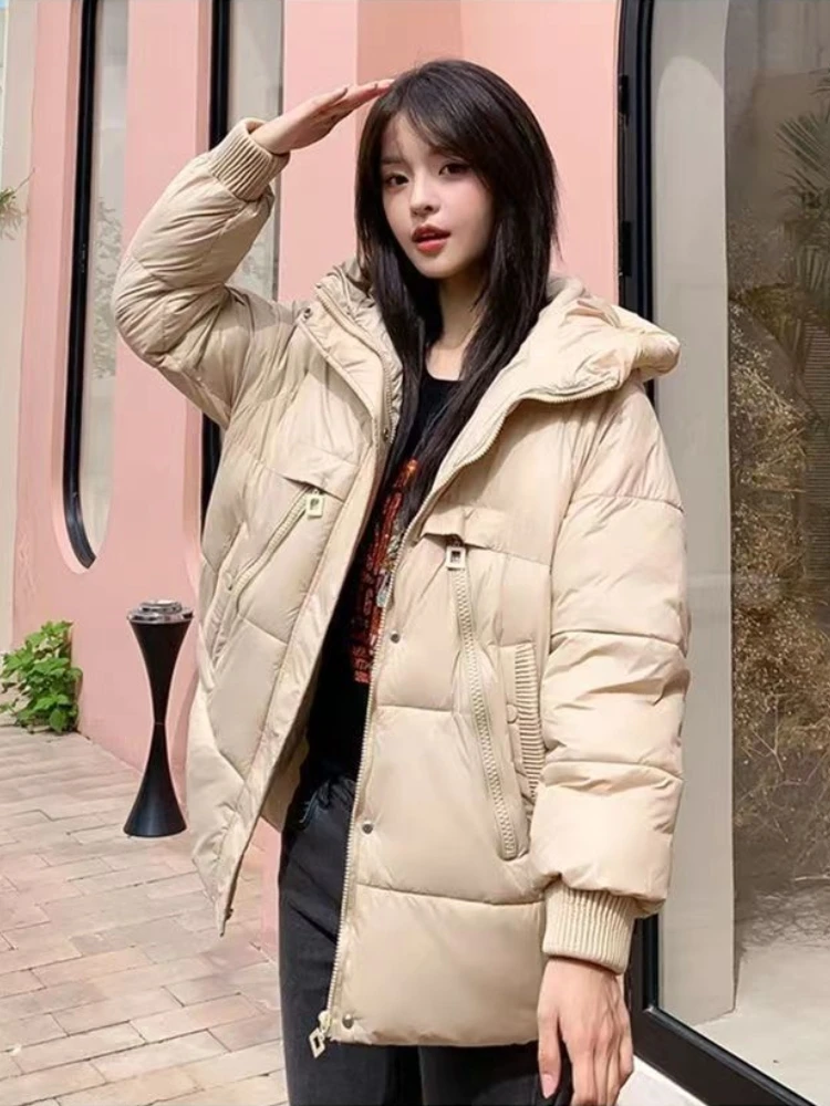 Thick Oversize Hooded Pockets Casual Cotton Parkas Winter Down Coats Korean Style Office Lady Clothes Autumn Jacket For Women