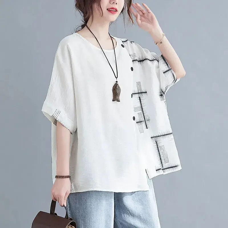 

2024 Fashion Summer Printing Women's Round Neck Button Asymmetric Lattice Casual Versatile Loose Short Sleeve T-shirt Tops LU260