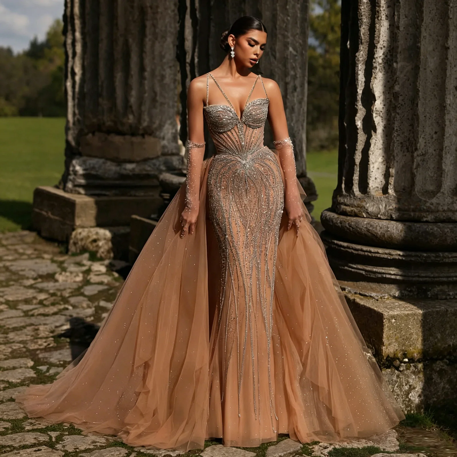 Eshaut&bridal Luxuriöse Meerjungfrau-Abendkleider mit Perlen, abnehmbarer Überrock, formelle Partykleider für Frauen, Hochzeitsgäste, individuell gestaltet