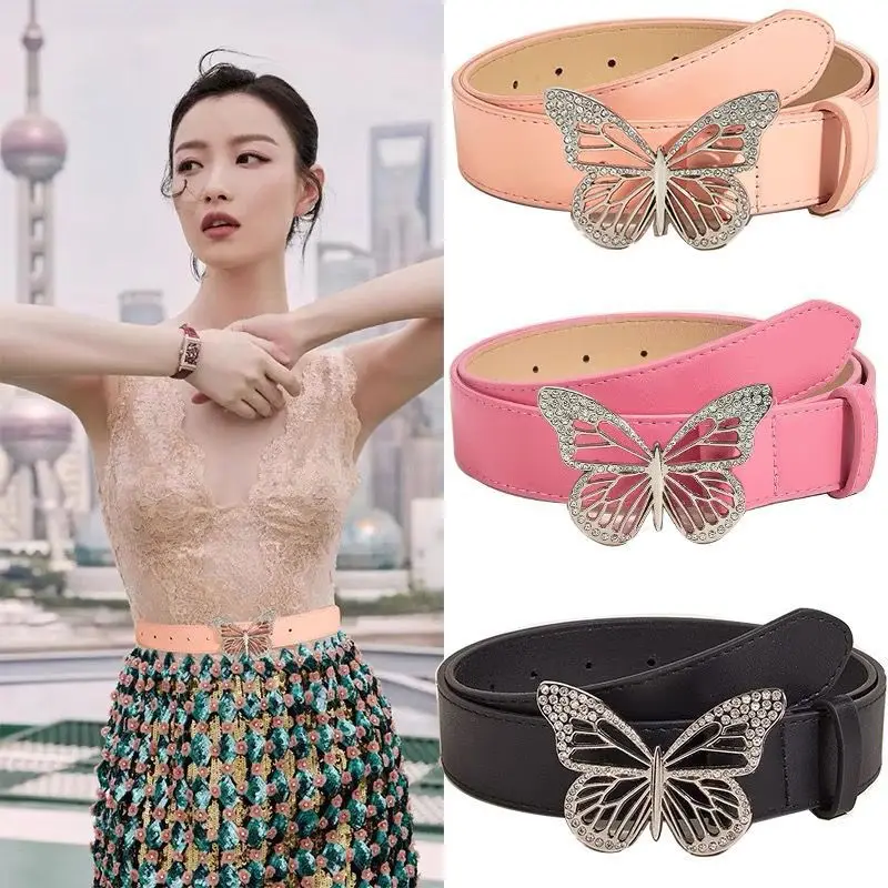 

Butterfly Belt Women Diamond Decorate Buckle PU Leather Material Belt Female Casual Style Elegant Jeans Belt