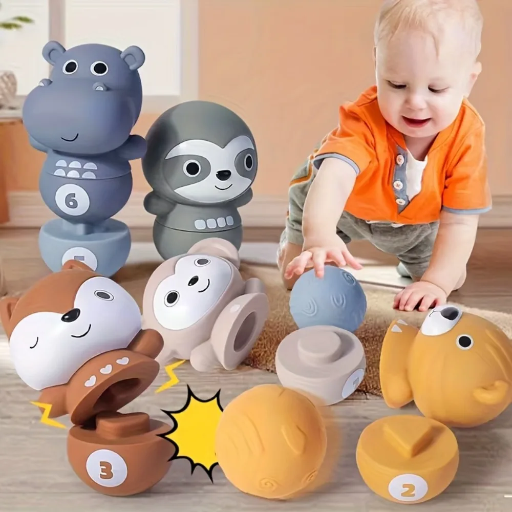 Soft Skittles Set for Babies Animal Stacking Bowling Balls Soft Toys Toddlers Sensory Educational Montessori Blocks Easy to Grip