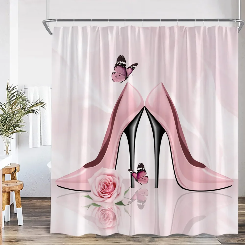 Red High-heels Shower Curtains Cosmetics Red Lips Pink Bathroom Decorations Modern Fashion Girl Beauty Bath Curtain with Hooks