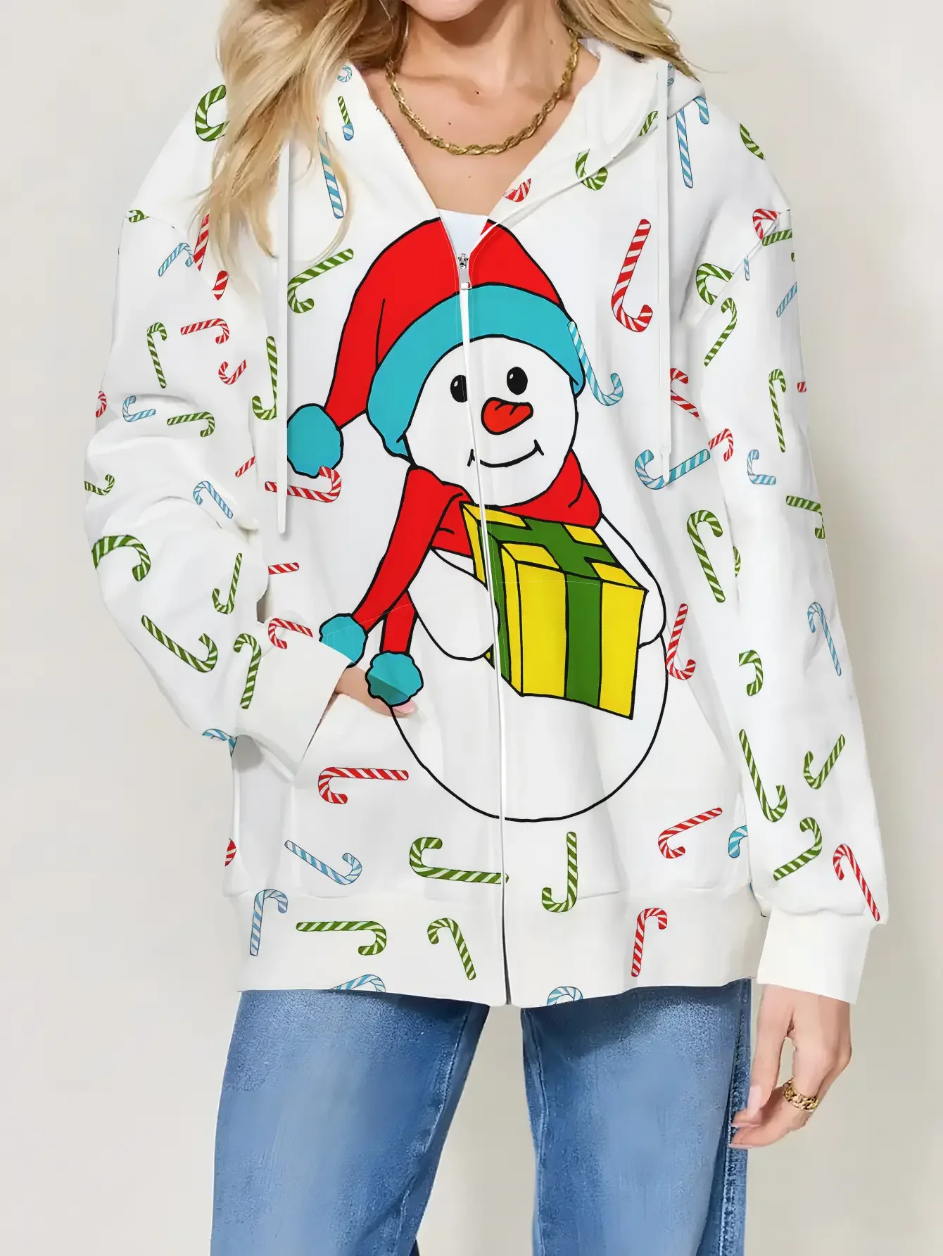 

Christmas New Women's Printed Zipper Hoodie - Retro Fashion Full Zipper Hoodie with Pocket, essentials