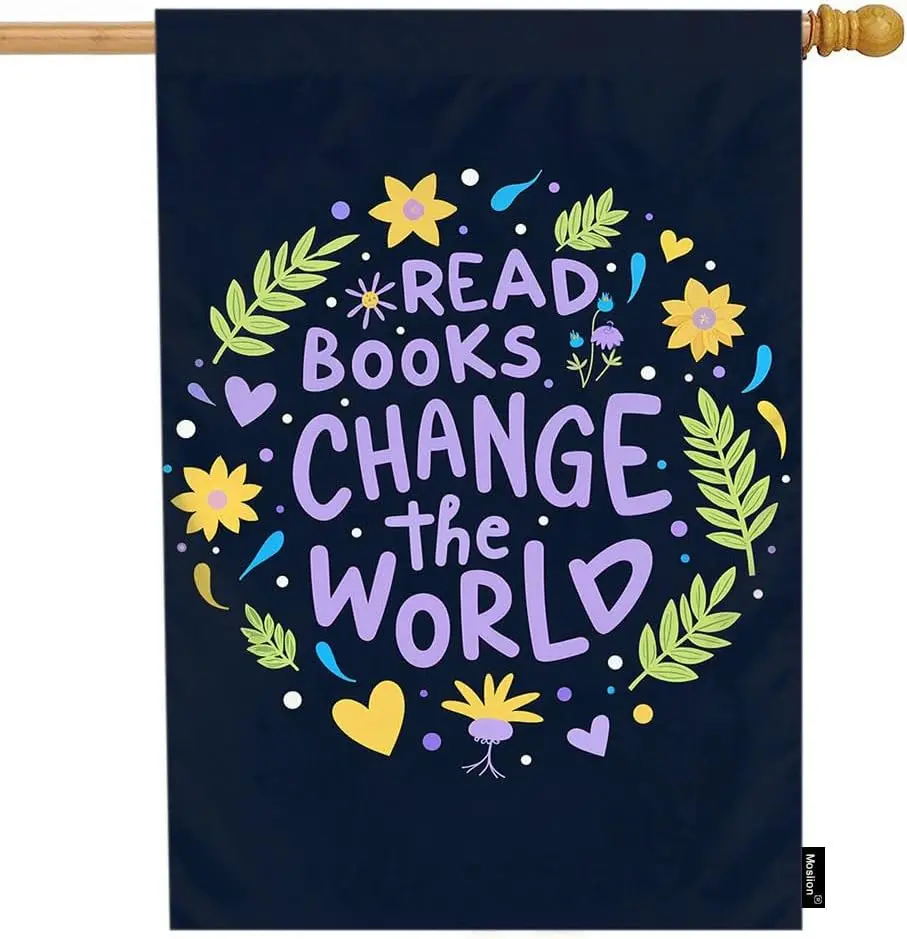 Moslion Motivational Quote Garden Flag 28x40 Inch Word Read Books Change The World Flower Leaf Heart House Lawn Flag Double  zzo