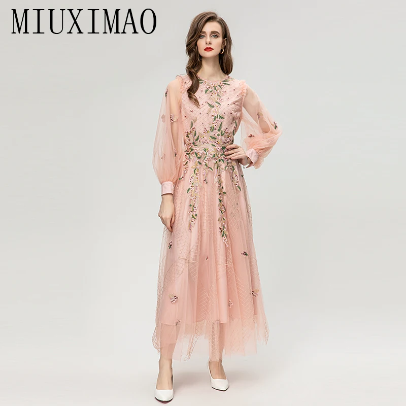 

MIUXIMAO 2023 Elegant and Pretty Women's Dresses Fashion Retro Flower Embroidery luxury Long Dress Women Pink Female Dress