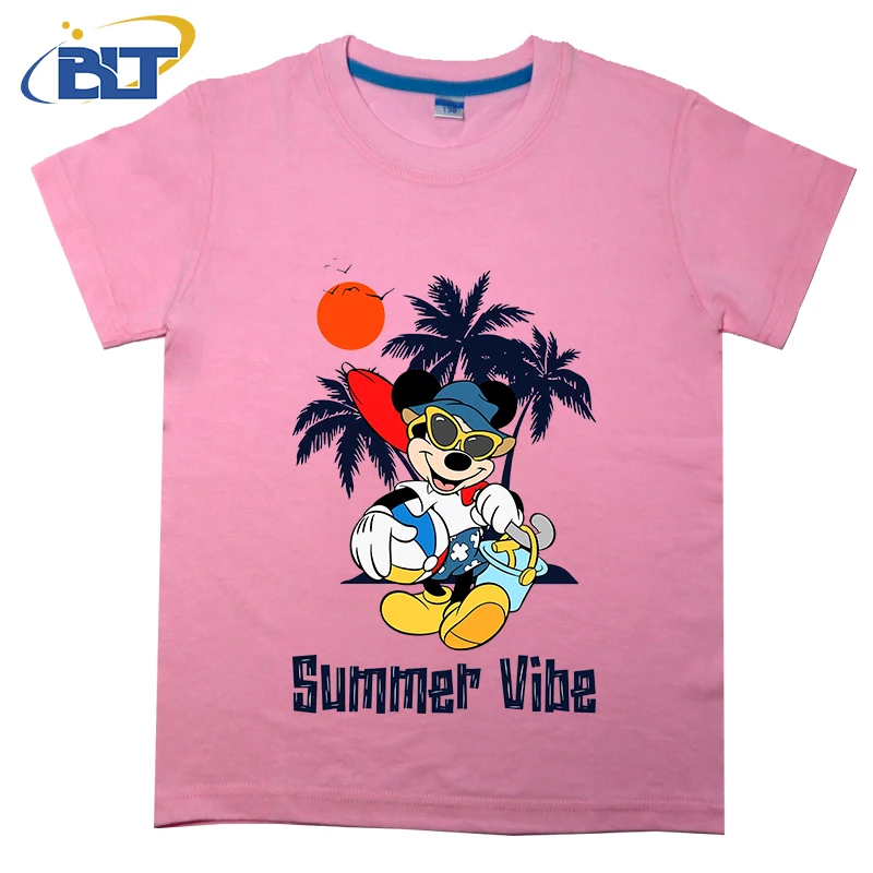 Disney Vacation Summer Vibe Mickey Mouse Printed Kids T-shirt Cotton Short Sleeve Casual Top Cartoon Clothing for Boys and Girls