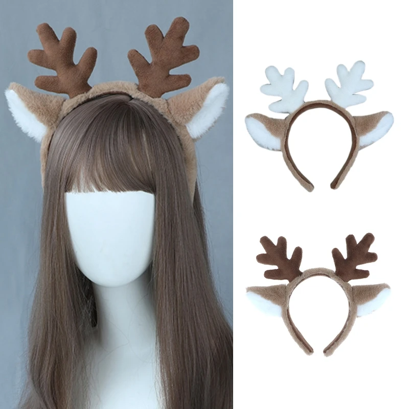 Tocado de orejas de ciervo para mujer, diadema peluda de cornamenta de felpa, diadema de Anime para Halloween, Navidad, accesorios de Cosplay